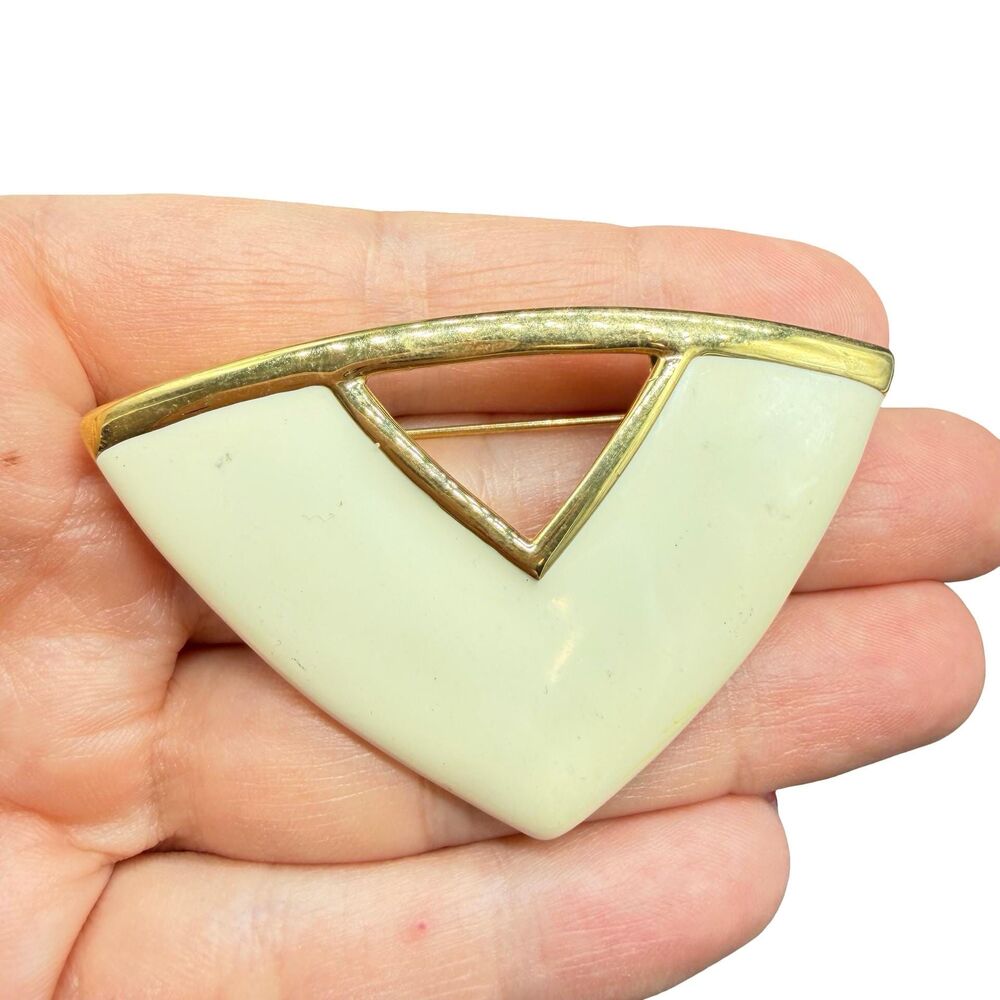 Monet off-white, white enamel triangle modernist brooch